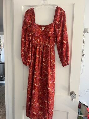 Burnt red Floral Long Sleeve Midi Dress